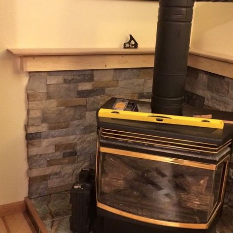 Wood Burning Fireplace Mantle, Diy Corner Mantle, Build Corner Fireplace, Corner Mantle Ideas, Corner Stove Fireplace, Corner Fireplace Surround, Build A Corner Fireplace, Corner Wood Burning Fireplace, Stove Mantle