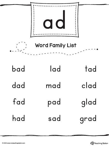 Ad Word Family Worksheets, Ug Word Family, Ad Word Family, Word Family Reading, Word Families Printables, Free Family Printables, Word Family List, Kindergarten Word Families, Ccvc Words