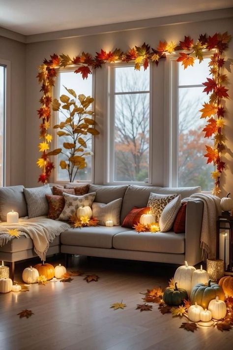 Transform your space with cozy fall bedroom decor ideas! Discover warm and inviting bedroom ideas to create the perfect autumn retreat. From rich color palettes to seasonal accents, find inspiration to make your fall bedrooms a haven of comfort. Embrace the essence of autumn bedroom decor and enjoy a snug, stylish sanctuary all season long. Autumn Inspiration Decoration, Fall Decor For Staircase, Fall Window Garland, Fall House Decor Indoor Living Room, Office Fall Decorations Ideas, Fall Window Decor, Autumn Decorations Indoor, Fall Office Decor, Fall Apartment Decor