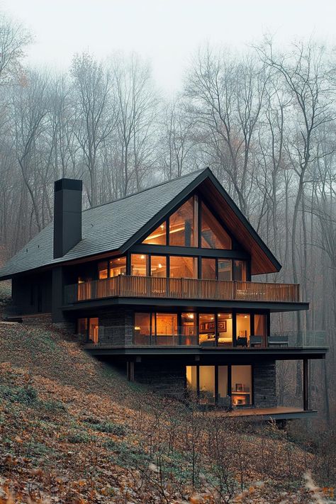 Hillside A Frame House, Lake House On A Hill, House In The Middle Of The Forest, Steep Slope House Design, Building On A Slope, Upstate New York Homes, Steep Hillside House, House Built Into Hill, Cozy Wooden House