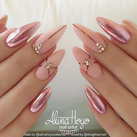 Ballerina Nails Designs, Rose Gold Nails Design, Metallic Nail Art, Gold Nail Designs, Solid Color Nails, Nail Effects, Gold Nail, Rose Gold Nails, Metallic Nails