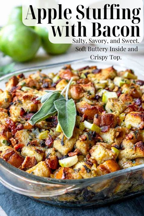 A super flavorful stuffing recipe filled with buttery bread cubes, granny smith apples, salty bacon, fresh herbs and plenty of butter. Perfect for your holiday menu! Stuffing Apple, Leftover Stuffing Recipes, Classic Stuffing Recipe, Leftover Stuffing, Classic Stuffing, Best Stuffing Recipe, Apple Stuffing, Sprouts Recipes, Thanksgiving Stuffing Recipes