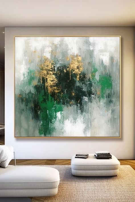 Original handmade abstract painting with emerald green, gold, and gray tones on canvas, featuring textured brushstrokes and a misty forest-like composition Misty Grey, Abstract Canvas Art, Deep Green, Emerald Green, Modern Wall Art, Abstract Canvas, Green And Gold, Unique Pieces, Abstract Art