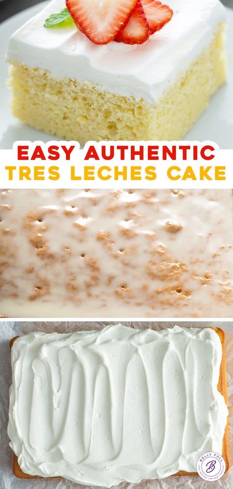 This is the best authentic Tres Leches Cake recipe! A light sponge cake soaked in three different types of milk making it sweet, ultra moist, and crazy delicious. There’s nothing quite like this easy traditional Mexican dessert! Mexican Baking, Tres Leches Cake Recipe Authentic, Enchanted Kitchen, Dessert Mexican, Tri Lece, Whipped Cream And Strawberries, Traditional Mexican Desserts, Mexican Cake, Cream And Strawberries