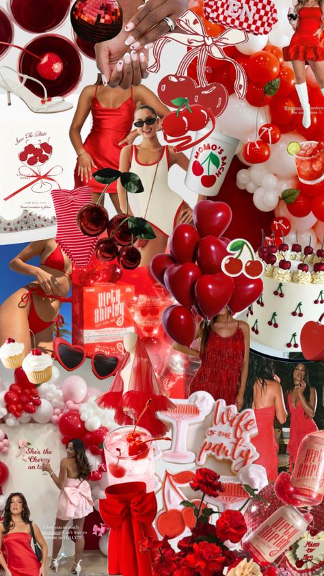 Red And White Bachelorette Party, Bachelorette Mood Board Theme, Black And Red Bachelorette Party, Shes The Cherry On Top Theme, Cherry Theme Bachelorette Party, Cherry On Top Party Theme, Red Themed Bachelorette Party, Mon Cheri Party, Cherry On Top Bachelorette