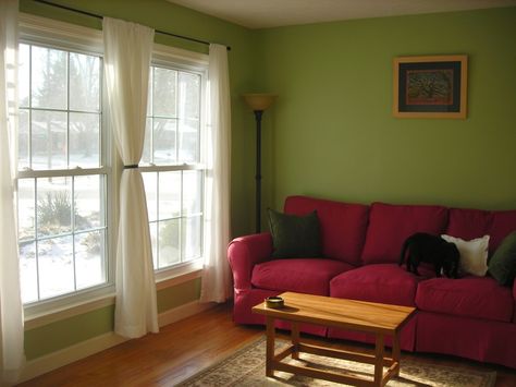 i like this green paint with the red couch Red Sofa Green Wall, Green And Red Living Room, Green Apartment Decor, Red Sofa Decorating, Red Couch Living Room, Cream Lounge, Basement Colors, Funky Room, Orange Couch