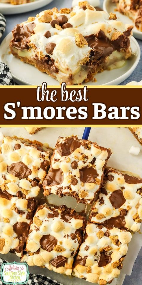 These S’mores Bars are deliciously gooey with a buttery graham cracker crust, mini marshmallows and melted chocolate. #smoresbars #marshmallowbars #smores #smoresrecipes via @melissasssk Easy Smores Bars Recipe, Marshmallow Graham Cracker Dessert, Trivia Snack Ideas, S’mores Bar Recipe, Graham Cracker Smores Bars, S’mores Squares, Smores Bars Easy, S’mores Brownies With Graham Cracker Crust, Easy S’mores Cookie Bars