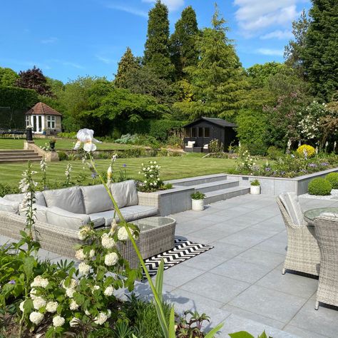 Split Level Garden - Photos & Ideas | Houzz Very Large Garden Design, Patio And Lawn Ideas, Multi Level Yard Ideas, Garden Multi Level, Uk Back Garden, Three Level Garden Ideas, Garden Levels Landscaping, Split Level Backyard With Pool, Large Paved Patio Garden Ideas