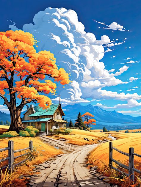 Yellow grass, autumn tree, a little house in a country landscape, yellow orange and blue poetic artwork Orange And Blue Landscape, Autumn Landscape Art, Blue Orange Illustration, Landscape With House Painting, Manga Landscape, Landscapes Digital Art, Landscape Art Acrylic, Autumn Digital Art, Rolled Magazine Art