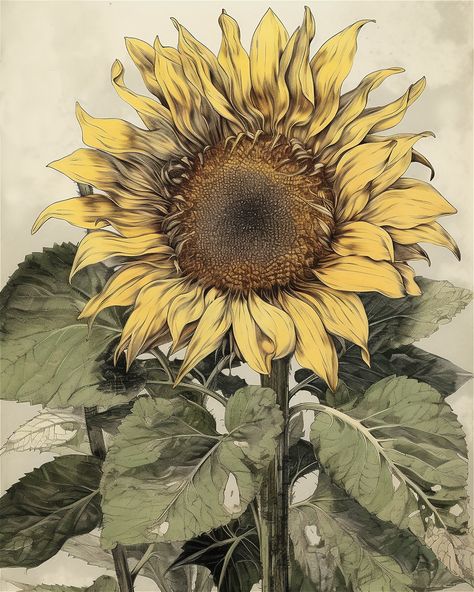 Vintage Flower Drawing, Botany Art, Sunflower Crafts, Sunflower Quilts, Antique Wall Decor, Vintage Sunflower, Sunflower Wall Art, Flower Wallpapers, Classic Artwork