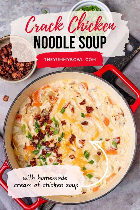 This is the best Crack Chicken Noodle Soup - it is a delicious, cozy, and hearty soup that is so simple to fix. The whole family will enjoy it and you'll want to make it again and again. This homemade soup is made with lots of fresh chunky veggies, shredded chicken, and a secret ingredient here - Cream of Chicken Soup. This comforting creamy chicken noodle soup will keep you cozy during the cold Fall evenings. Southern Living Rotisserie Chicken Noodle Soup, Best Soup Recipes Ever Chicken, Cracked Chicken Soup Recipes, Chicken Noodle Soup With A Twist, Homemade Chicken Soup With Whole Chicken, Chicken Noodle Soup Easy Recipe, Chicken Noodle Soup No Celery, Chicken Soup With Cream Of Chicken, Chicken Noodle Soup With Spaghetti Noodles