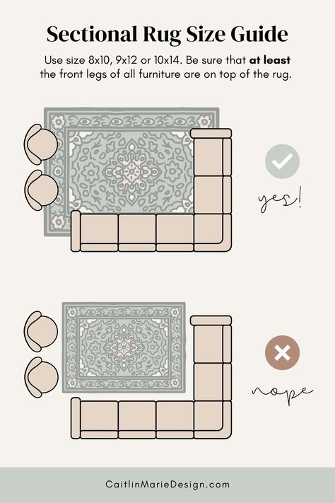 Upcycling, Rug Placement With Sectional, Living Room Rug Size Guide, Living Room Rug Layout, Rug Size Guide Living Room, Area Rug Size Guide, U Couch, Rugs Layout, Sectional Living Room Layout