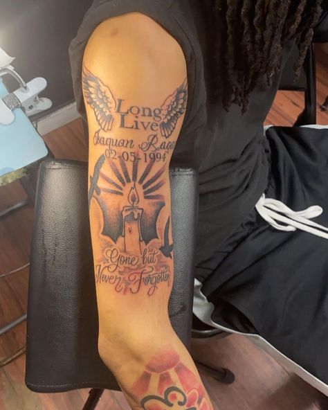 Long Live Jaquan #tattoo #tattoos #detroittattooartist #detroittattoos #riptattoos #candles #bobbyshmurda #gonebutneverforgotten #wings | Instagram Longlivemybrother Tattoo, Long Live Tattoo For Men, Long Live Tattoo Ideas, Long Live Tattoos, Long Live Tattoo Black People, Long Live Tattoo, Live Tattoo, Harley Quinn Tattoo, Candle Tattoo