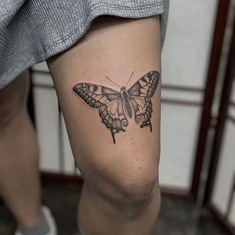 Timeless Tattoo & Piercing on Instagram: “Butterfly done by @jamiegenetattoos • • • • • .#butterflytattoo #finelinebutterfly #delicatebutterflytattoo #finelinetattoo” Butterfly On Thigh Tattoo, Edgy Butterfly Tattoo, Butterfly Tattoo On Thigh, Butterfly Effect Tattoo, Butterfly Leg Tattoos, Tattoo Papillon, Butterfly Thigh Tattoo, Mens Butterfly Tattoo, Tattoos Masculinas