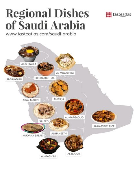 Learn about the regions 🇸🇦: www.tasteatlas.com/regional-dishes-of-Saudi-Arabia  Saudi Arabia, a land of deserts, oases, palaces, and ancient cities, is also a realm of diverse culinary traditions. Each region boasts its signature dishes, reflecting the unique heritage and rich culture of the Kingdom. Saudi Arabia Recipes, Saudi Dishes, Saudi Arabia Food, Saudi Food, Saudi Culture, Rice Meat, Ksa Saudi Arabia, Egyptian Architecture, Saudi Arabia Culture