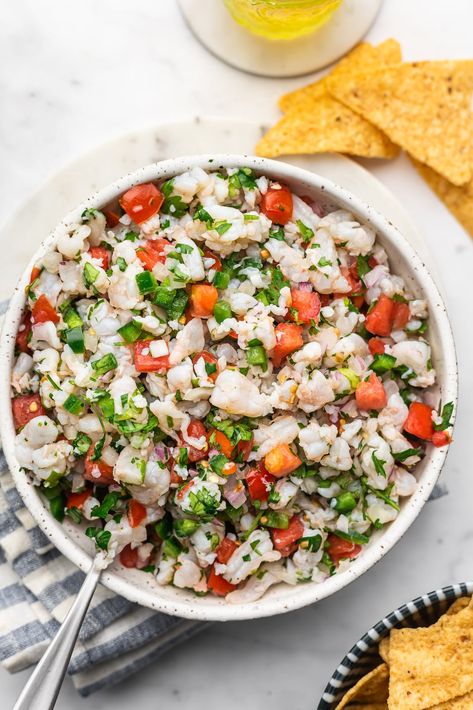 Best Shrimp Ceviche Recipe Shrimp Ceviche Recipe, Ceviche Recipe, Shrimp Ceviche, Hot Summer Nights, Light Bites, Spanish Onion, Tortilla Chips, Summer Nights, Finger Foods