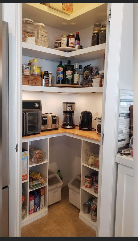 Corner Small Pantry, Open Kitchen With Pantry, L Shaped Kitchen With Pantry In Corner, Small Corner Pantry Shelving Ideas, Appliance Counter In Pantry, Corner Pantry Floor Plan, Corner Pantry Measurements, Corner Pantry Unit, Corner Pantry With Appliance Counter