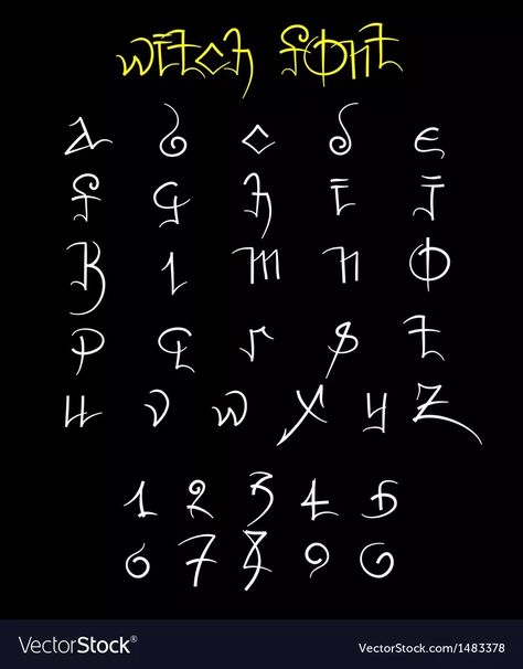 Witch font and numbers vector image on VectorStock Calligraphy Alfabet, Witch Font Alphabet, Halloween Calligraphy Hand Lettering, Magical Fonts, Magic Alphabet, Elvish Font, Witch Font, Witches Alphabet, Ancient Letters