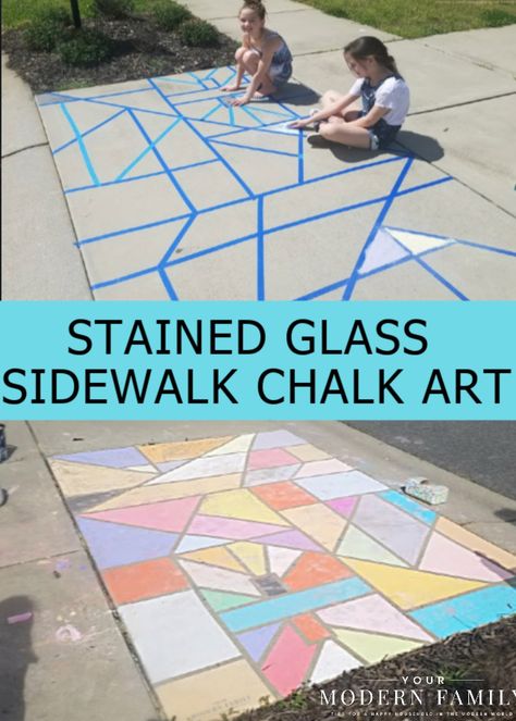 This stained-glass art is awesome! Use some sidewalk chalk & head outside to make this design with the kids! They are going to love it & it's a perfect activity to use their energy & imagination on #homeschooldays or during #freetime Babysitting Activities, Sidewalk Chalk Art, Summer Fun For Kids, Fun Summer Activities, Outdoor Activities For Kids, Sidewalk Chalk, Camping Activities, Summer Activities For Kids, Camping Art