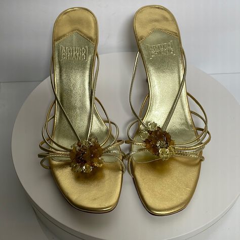 Women’s Heels Sandals Mules Gold Size 9.5 M Arturo Chiang Gold Heels Aesthetic, Pretty Flat Shoes, Shoo Shoo, Summer Thrift, Quirky Furniture, Gold Kitten Heels, Gold Mules, Wedding Guest Accessories, Boho Lifestyle