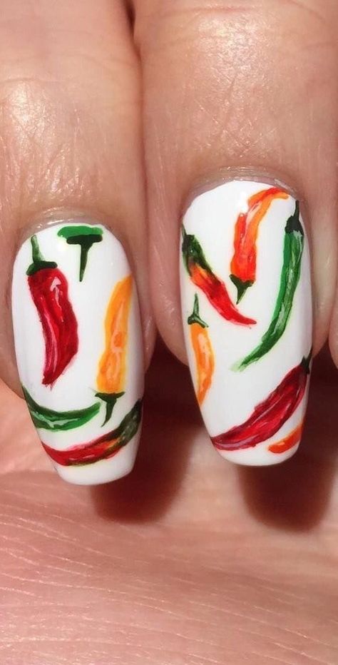 Chili Nail Art, Chili Pepper Nails, Chilli Nails, Chili Nails, Pepper Nails, Coke Nails, Acrylic Nails Nail Polish, Mexico Nails, Igcse Art