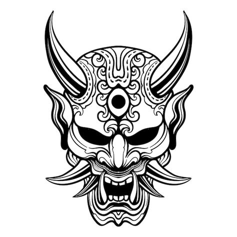 Japanese Devil Tattoo, Kabuki Mask Tattoo, Kabuki Tattoo, Oni Mask Tattoo Design Ideas, Tattoo Oni, Vector Tattoo Design, Hanya Mask Tattoo, Mask Tattoo Design, Devil Logo