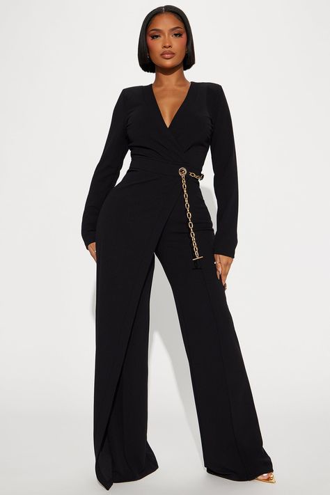 Available In Hunter And Black. Jumpsuit Long Sleeve Surplice Chain Detail Drape Detail Wide Leg Hidden Back Zipper Stretch Inseam= 34" Self: 95% Polyester 5% Spandex Imported | Need A Date Long Sleeve Jumpsuit in Black size XL by Fashion Nova Jumpsuit Long Sleeve, Jumpsuit Long, Long Sleeve Jumpsuit, Long Jumpsuits, Black Jumpsuit, Fashion Classy, Fashion Nova, Wide Leg, Jumpsuit