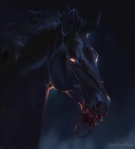 ♡ Digital. Insta| @underavenwood Demon Horse, Magical Horses, Horse Anatomy, Dark Creatures, Scary Animals, Spirit Animal Art, Fantasy Horses, Cute Fantasy Creatures, Horse Drawing