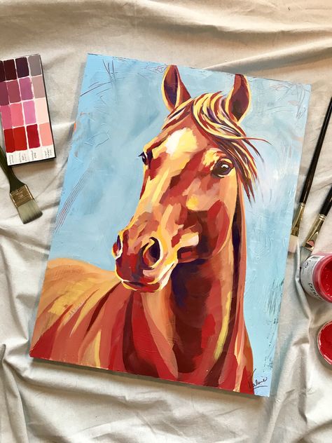 Horse Painting Colorful, Art Horses Painting, Diy Horse Painting On Canvas, Painting Ideas On Canvas Horse, Red Horse Painting, Easy Horse Painting Ideas, Horse Painting Ideas On Canvas, Horse Painting On Canvas Easy, How To Paint A Horse