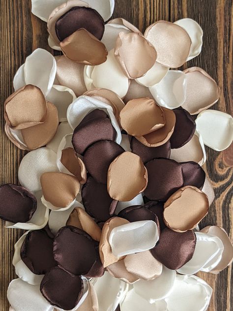 "Sneeze-Free Flowers - Allergy-Friendly Artificial Petals for Brides Who Want to Shine, Not Hide Behind a Red Nose on Their Big Day!" Neutral brown tan mix of rose petals for bridal shower table decor-table scatter decorations-aisle runner toss-flower girl petals for basket 🌸Reusable🌸 💰 Apply coupon code " SAVEMORE" to receive 20% OFF when you buy 200 petals or more 💰  Inexpensive, affordable, fresh looking appearance, low maintenance, easy to clean, hassle and allergen-free, and 100% venue Neutral Colored Bridal Shower Decor, Fall Wedding Night, All Brown Wedding Theme, Neutral Wedding Colors Decor, Champagne And Brown Wedding Theme, Bronze And Cream Wedding, Copper Champagne Gold Wedding, Chocolate Color Wedding Theme, Champagne Brown Wedding Theme