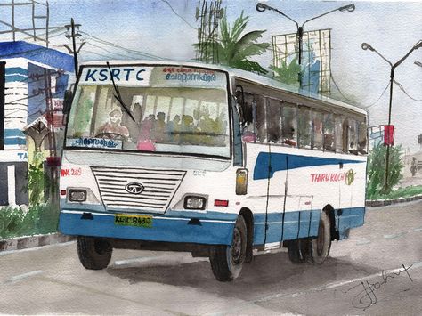 KSRTC Bus Ernakulam Bus Watercolor Painting, Ksrtc Bus, St Bus, Bus Drawing, Japanese Town, Colour Drawing, Ganesh Art Paintings, Composition Painting, School Cartoon