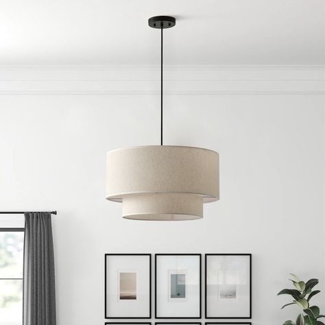 Modern Off-White Drum Pendant Light with 2-Tier Linen Fabrics Lampshade - Bed Bath & Beyond - 37920764 Round Pendant Light, Bedroom Pendant, Drum Pendant Lighting, Iron Pendant, Round Light, Industrial Pendant Lights, Fabric Lampshade, Drum Pendant, Industrial Vintage