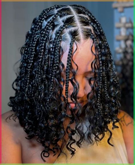 Hair Styles Goddess Braids, Knotless Boho Box Braid Bob, Knotless Bob Goddess Braids, Goddess Bob Knotless Braids, Cute Short Braids Hairstyles, Boho Box Braid Bob, Goddess Braids Bob Hairstyles, Black Braids Hairstyles For Women, Goddess Braids Short Natural Hair