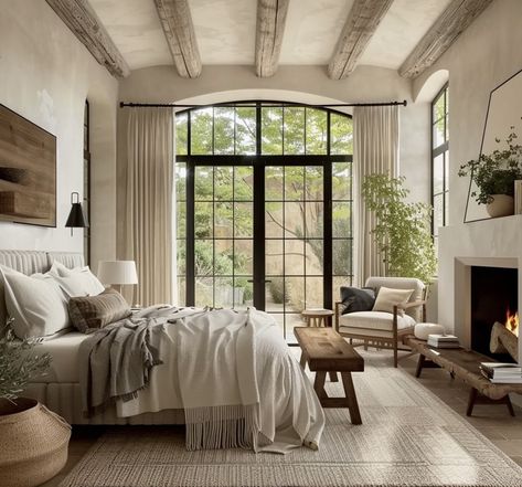 Windows Side Bed Design, Patio Outside Bedroom, Resort Style Bedroom Master Suite, Private Patio Ideas Master Bedrooms, European Master Bedrooms Decor, Bedroom With Seating Area Master, Cozy Big Bedroom, Bedroom Fireplace Wall, European Bedroom Aesthetic