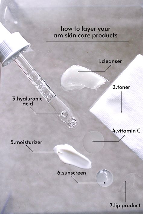 Swatches of skin care products depicting how to layer: cleanser, toner, hyaluronic acid, vitamin c, moisturizer, sunscreen, lip product. Skincare Websites, Skin Care Ingredients, The Best Skin Care Products, Skin Lightener, Skin Care Guide, Serious Skin Care, Best Skin Care Products, Basic Skin Care Routine, Skin Care Tutorial