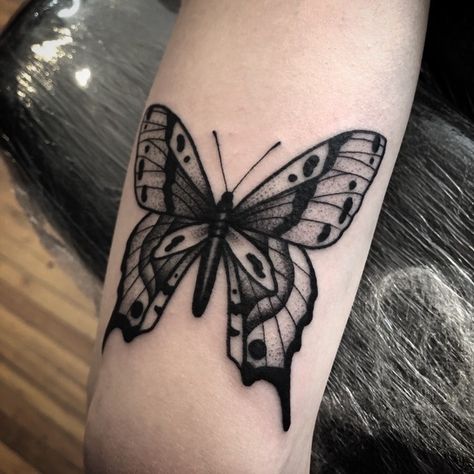 Butterfly tattoo Black Work Butterfly Tattoo, Butterfly Tattoo Old School Black, Black And Gray Butterfly Tattoo, Traditional Style Butterfly Tattoo, Butterfly Black Tattoo, Butterfly Tattoo On Knee, Cover Up Butterfly Tattoo, Butterfly Throat Tattoo, Bold Butterfly Tattoo