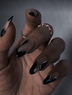 Nail Inspo For Black Hoco Dress, Spooky Classy Nails, Nail With Black Dress, Black Hoco Nails Almond, Homecoming Nails Black And Silver, Nails For Orchestra, Black Nail Designs Elegant, Simple Black Almond Nails, Dark Fall Nails Almond