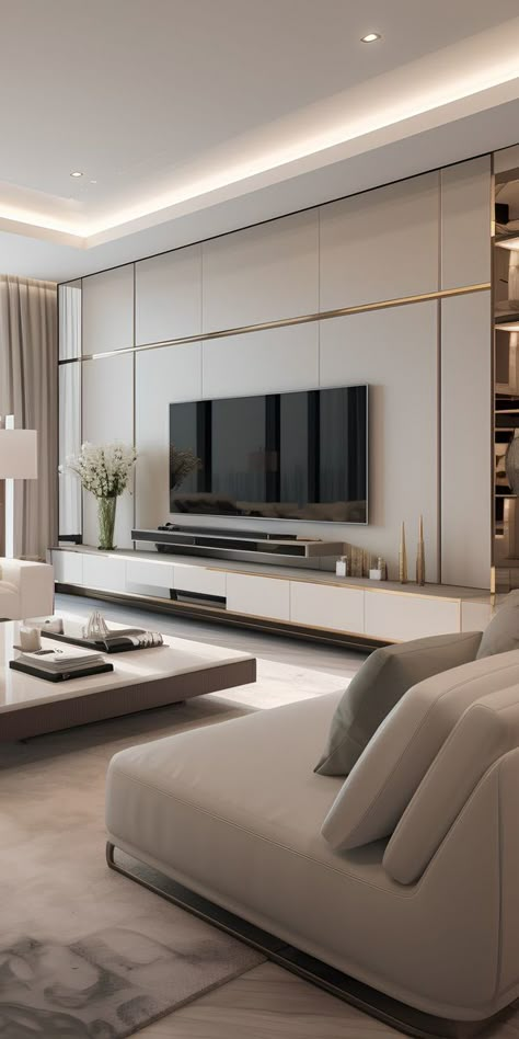 Ruang Tv Modern, Luxury Living Room Inspiration, Console Ideas, Backdrop Tv, Modern Tv Room, Modern Apartment Living Room, Tv Unit Interior, Tv Unit Interior Design, Tv Cabinet Design