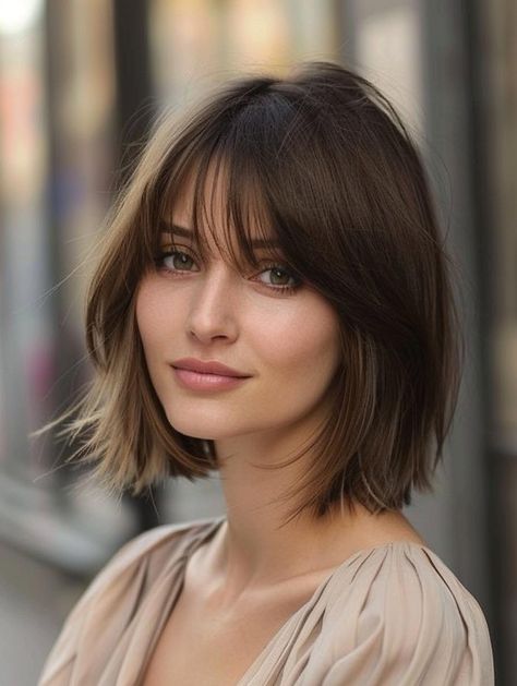 Textured Fringe Bob Haircut, A Bob With Bangs, Straight Bob Hairstyles With Bangs, Brown Bob With Bangs, Bangs Hairstyles Short, Bob Hair With Bangs, Medium Bob With Fringe, Bob With Bangs Fine Hair, Bangs Bob