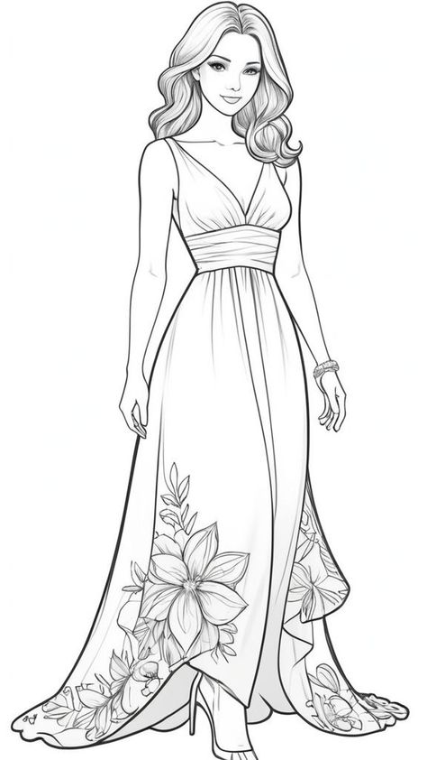 Boy In Dress Drawing, Bodycon Dress Drawing, Fashion Dresses Drawing Sketches, Summer Dress Drawing, Colouring Pages For Adults Printable Free, Dress Art Drawing, Fashion Dresses Drawing, Dress Coloring Pages, Women Coloring Pages