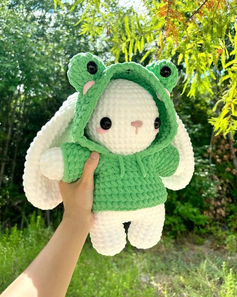 francis the frog bunny 🐰🐸 he is wearing a removable frog hoodie! bunny pattern available on my etsy ☁️ tags 🏷️ #crochet #crochetbunny #crochetaddict #crocheting #amigurumi #amigurumis #amigurumilove #smallbusiness #crochetplush #crochetplushie #crochetplushies #crocheted #crochetlove Bunny Plushies Crochet, Outfits To Crochet, Crochet Animal With Clothes, Crochet Bear With Clothes, Crochet Bunny With Clothes, Crochet Bunny Plushies, Crochet Doll Ideas, Crocheted Bunny Pattern Free, Things To Crochet With One Color