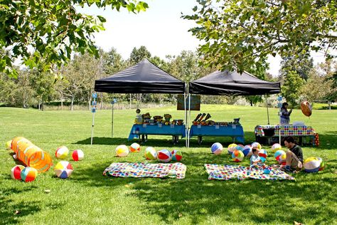 If you're having an ocean or beach themed party at the park, blow up several beach balls and toss in the grass for the kids to play with. Let each child take one home after the party. Outdoor Park Birthday Party, Park Birthday Party Ideas, Outdoor Kids Party, Lake Birthday Party, Barney Party, Park Birthday Party, Party At The Park, Lake Birthday, Birthday Party At Park