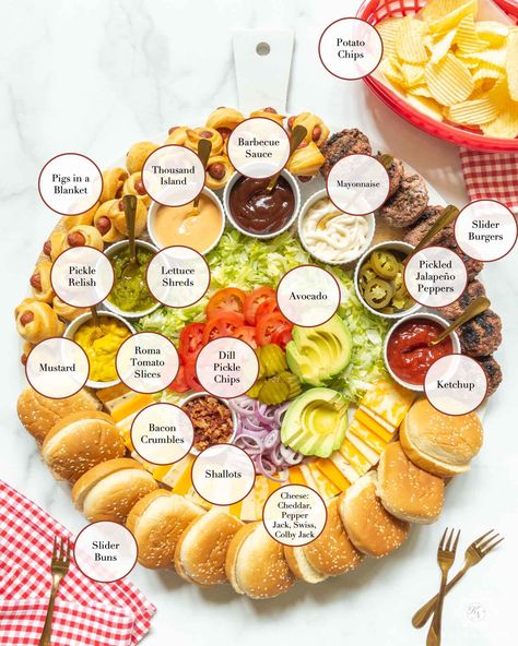 A New Charcuterie Board Concept for Your Next Cookout -- Build Your Own (Slider) Burger Bar! Burger Platter Ideas, Burger Board Design, Good Platter Ideas, Hamburger Charcuterie Board Ideas, Hamburger Platter Ideas, Build Your Burger Bar Party Ideas, Burger Charcuterie Board Ideas, Hamburger Board Ideas, Build Your Own Board Food