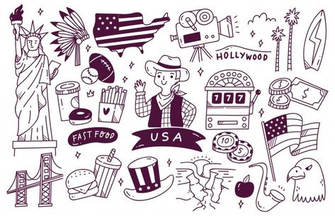 America travel destination doodle Premiu... | Premium Vector #Freepik #vector #doodle #eagle #illustration #usa Icon Doodles, Travel Doodles, Doodle Wall, Doodle Paint, Vietnam Art, Food Cartoon, Travel Icon, Sketch Notes, Wall Paintings