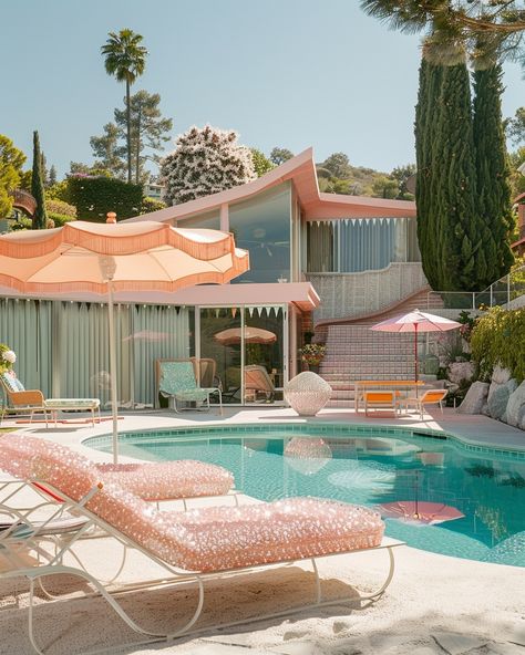 A touch of glamour to the Mid Century pool area 🏡 #mcm #architecture #midcenturymodern #midcenturyfurniture #glamour #glitterdecor #pooldesign #retroarchitecture #thisisnotreal #midjourney Mid Century Modern Pool Area, Retro Backyard, Mid Century Modern Pool, Mic Design, Mid Century Pool, Mid Century Photography, Mcm Architecture, Mid Century Palm Springs, Dessert House