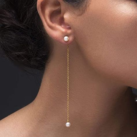 Stud Piercing Ear, Pearls Earing Design, Pearl Earrings Handmade Ideas, Stud Dangle Earrings, Earring Design Ideas, Bridal Long Earrings, Dangly Pearl Earrings, Long Earrings Wedding, Dangling Pearl Earrings