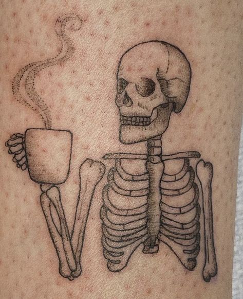 Skull And Coffee Tattoo, Skeleton Coffee Tattoo, Skeleton Drinking Coffee Tattoo, Skeleton With Coffee, Skeleton Tattoo, Skeleton Coffee, Coffee Tattoo, Coffee Tattoos, Skeleton Tattoos