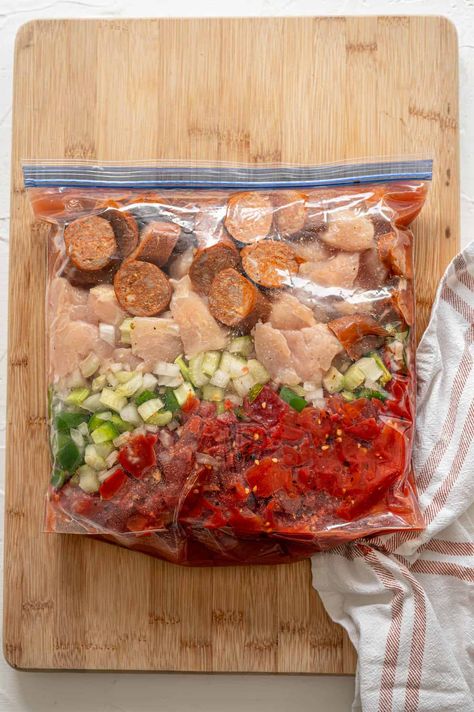 jambalaya ingredients layered in a freezer bag Jambalaya Recipe Instant Pot, Instant Pot Jambalaya, Batch Meals, Thriving Home, Dairy Free Dinner, Jambalaya Recipe, Andouille Sausage, Andouille, How To Cook Rice