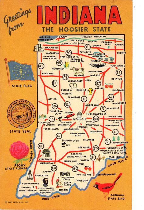 Indiana State Map postcard Indy 500 Party, Greetings From, Indiana Map, Indiana Love, Iu Hoosiers, Gary Indiana, State Symbols, Double Rainbow, Indiana State