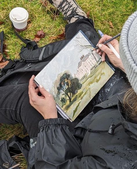 Frances Ives on Instagram: "A rainy day at Wimpole. It was a very, very wet day to try and draw, but it was pretty liberating in the end because it meant that I didn’t really have the time to stop and think too much. I think I’ve needed a bit of an uncomfortable draw to get myself going - does anyone have tips for slightly uncomfortable but still kinda nice drawing challenges?   If you’re interested in the process of this piece, I posted lots of clips of rain, painting and materials on P@treon   #drawingfromobservation #drawingonlocation #locationdrawing #observationaldrawing #enpleinair #nopleinnogain #mixedmediaartwork #mixedmediaartist #emergingartists #illustrationartists #illustratorsoninstagram #illustratorsofig #landscapeartist #wimpoleestate #wimpolehall #wimpoleestatenationaltrust Croquis, Think Too Much, Stop And Think, Rain Painting, Observational Drawing, Different Art Styles, Artist Aesthetic, Illustrators On Instagram, Mixed Media Artwork